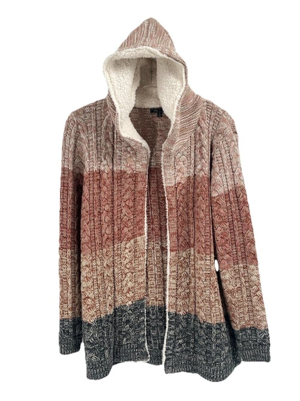 Cablie Knit Hooded Fleece Lined Cardigan Sweater Sz M Sherpa Coatigan Cabin Core